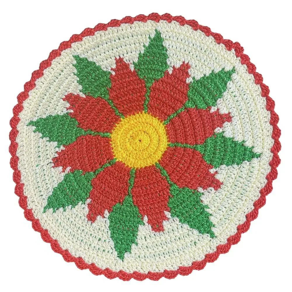 Set of 4 Handmade Crochet Floral Placemats Round Red Cream Green 13